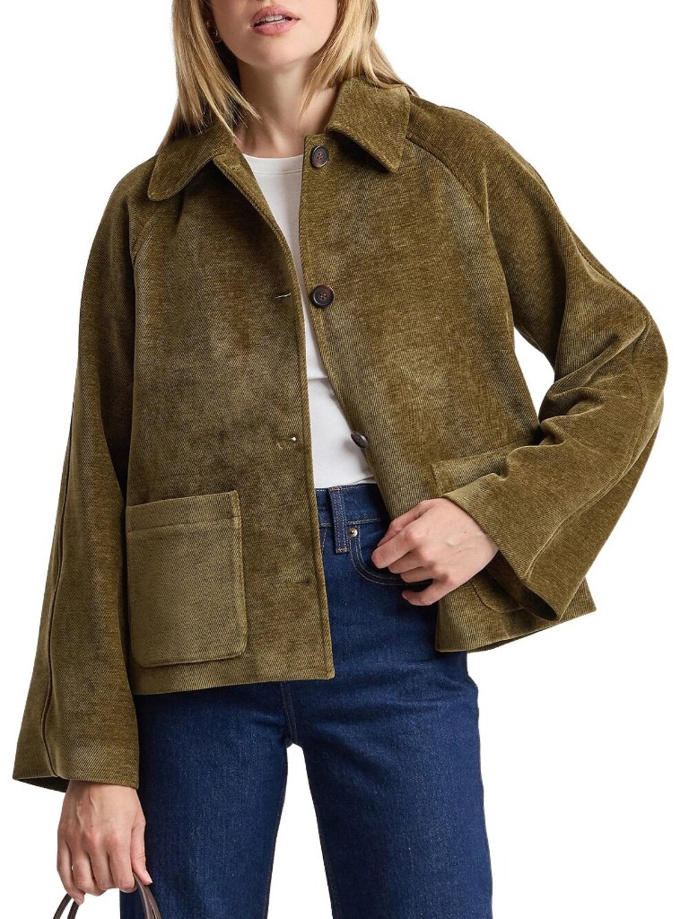 Bagatelle Ribbed Velour Car Coat in Bright Olive Womens S NEW